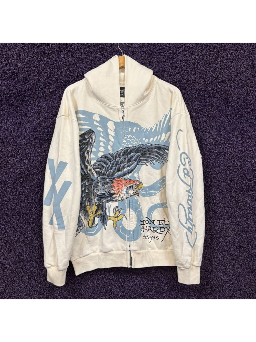 Ed Hardy x Machine Gun Kelly Eagle Bedazzled Zip-Up Hoodie Size Large